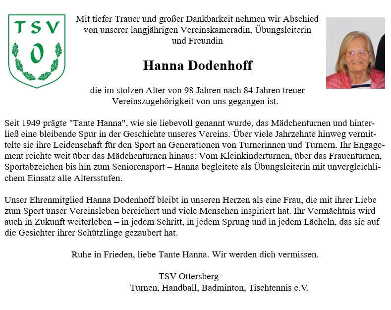 Traueranzeige Tante Hanna TSV