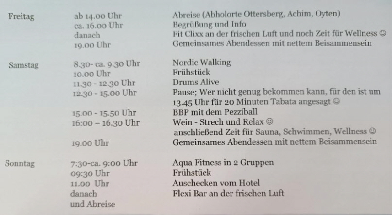 Das Sportprogramm der beiden Wochenenden.
